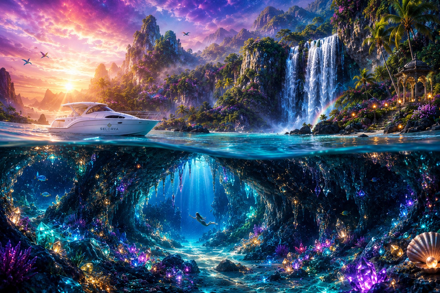 Magical Selorya Island with waterfall, white boat, and crystal underwater cave